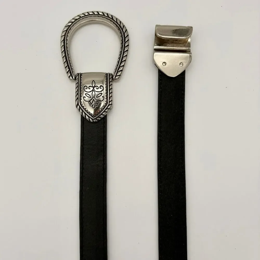 Chico’s Leather Hook Belt Black Silver Tone Western Boho Size S/M Adjustable